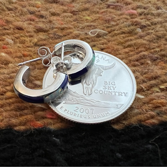 ❤️ 925 Inlaid Lapis Lazuli & Lab Opal Half Hoop Earrings Signed Navajo NM - Picture 6 of 10